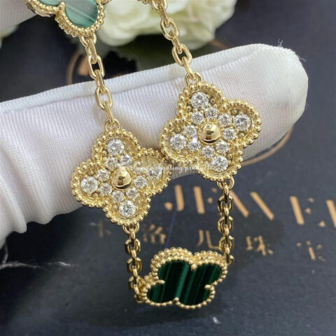 Van Cleef & Arpels VCARO7GQ00 Vintage Alhambra bracelet 5 motifs Yellow gold Diamond Malachite bracelet 6