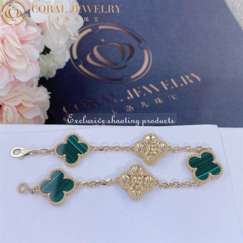 Van Cleef & Arpels VCARO7GQ00 Vintage Alhambra bracelet 5 motifs Yellow gold Diamond Malachite bracelet 4