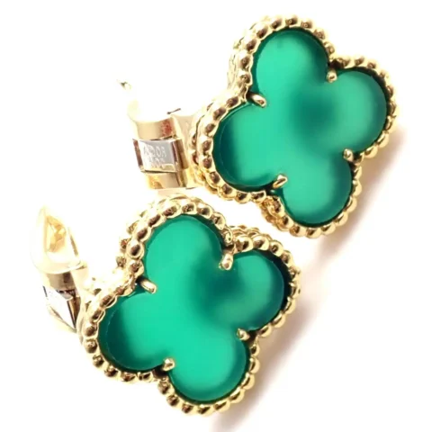 Van Cleef & Arpels Earrings Vintage Alhambra Green Chalcedony Yellow Gold Earrings 4