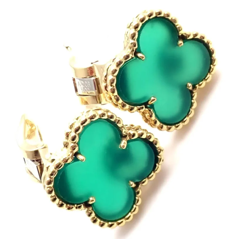 Van Cleef & Arpels Earrings Vintage Alhambra Green Chalcedony Yellow Gold Earrings 4