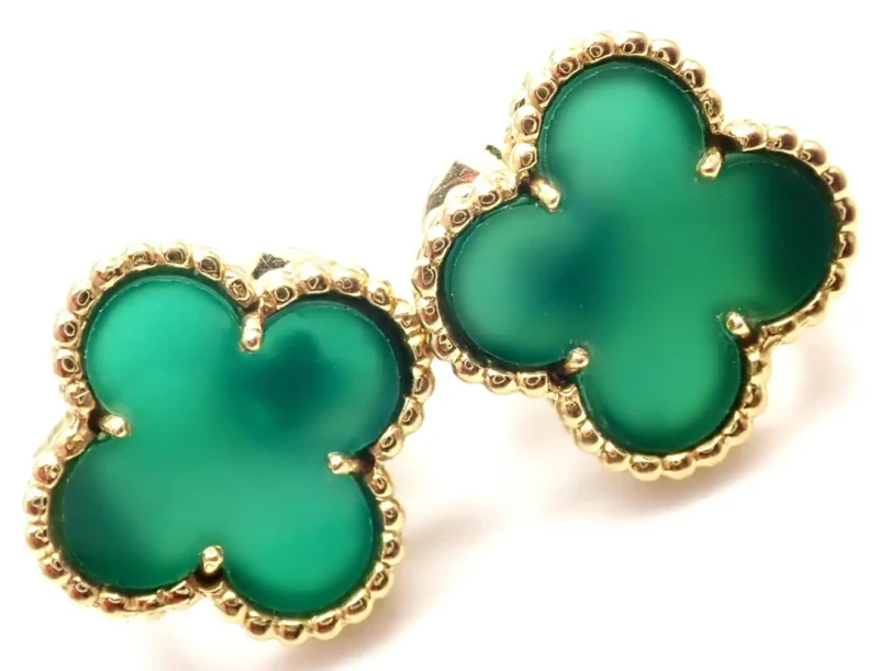 Van Cleef & Arpels Earrings Vintage Alhambra Green Chalcedony Yellow Gold Earrings 3