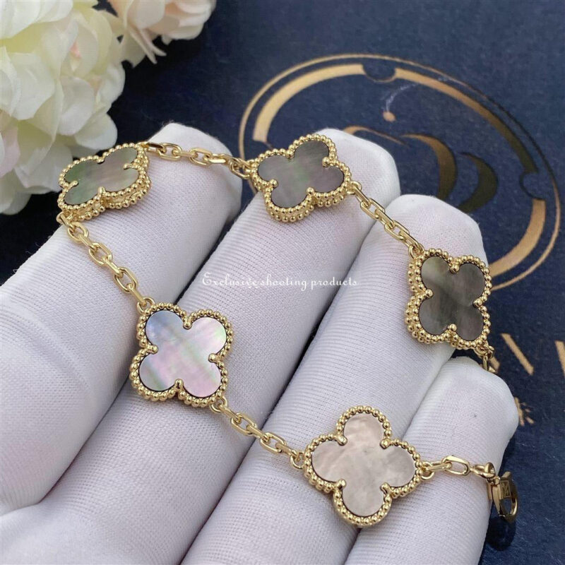 Van Cleef & Arpels Bracelet Vintage Alhambra Grey Mother of Pearl Gold Bracelet 5