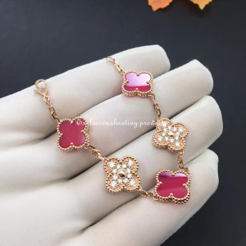 Van Cleef & Arpels Vintage Alhambra Bracelet Limited Edition Diamond Pink Ceramic Gold Bracelet 4