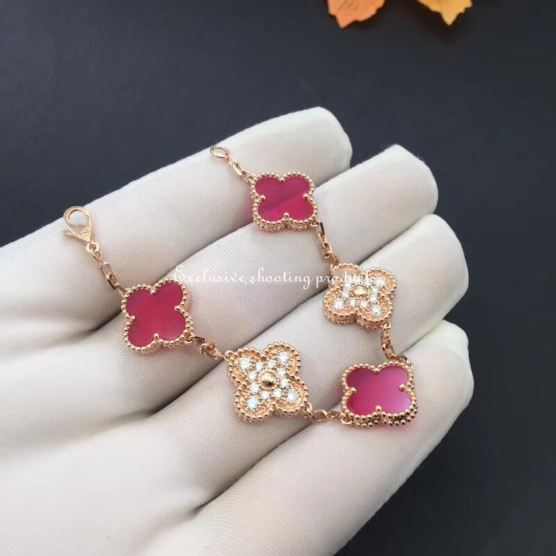 Van Cleef & Arpels Vintage Alhambra Bracelet Limited Edition Diamond Pink Ceramic Gold Bracelet 2