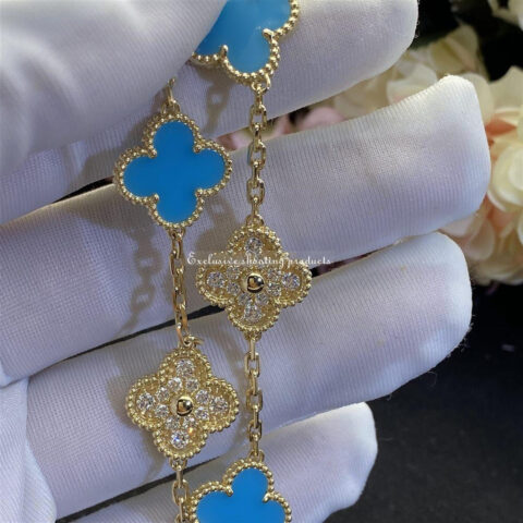 Van Cleef & Arpels Bracelet Vintage Alhambra Limited Edition Diamond Turquoise Gold Bracelet 9