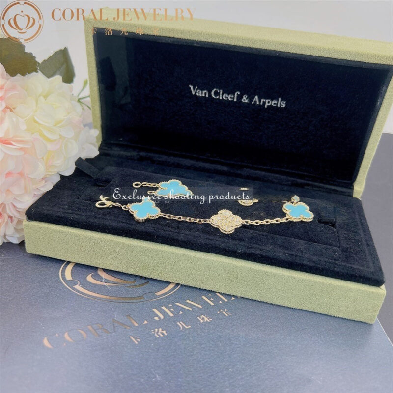 Van Cleef & Arpels Bracelet Vintage Alhambra Limited Edition Diamond Turquoise Gold Bracelet 6