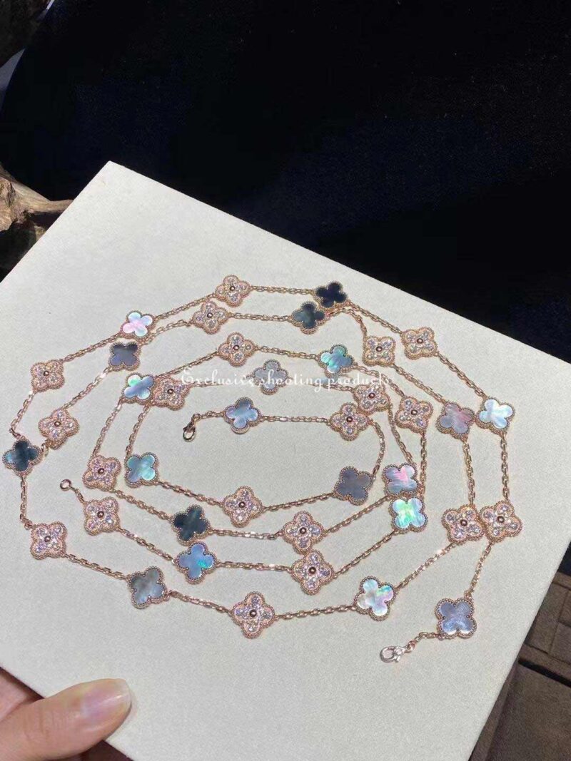Van Cleef & Arpels Vintage VCARP2R000 Alhambra long necklace 20 motifs Rose gold Diamond Mother-of-pearl necklace 9