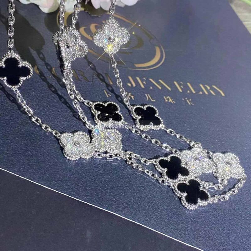 Van Cleef & Arpels VCARP2R800 Vintage Alhambra long necklace 20 motifs White gold Diamond Onyx necklace 9