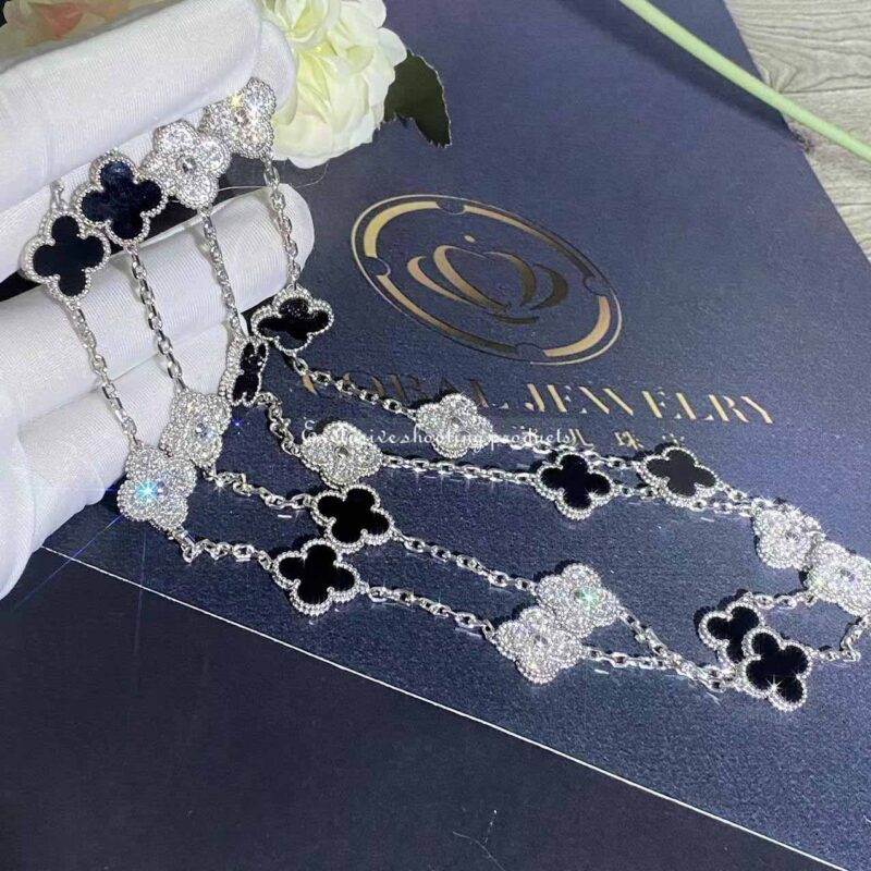 Van Cleef & Arpels VCARP2R800 Vintage Alhambra long necklace 20 motifs White gold Diamond Onyx necklace 8