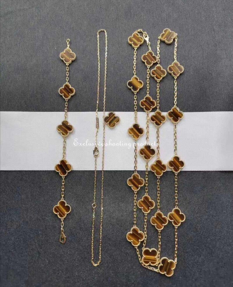 Van Cleef & Arpels VCARD39900 necklace Vintage Alhambra long 20 motifs Yellow gold Tiger Eye necklace 6