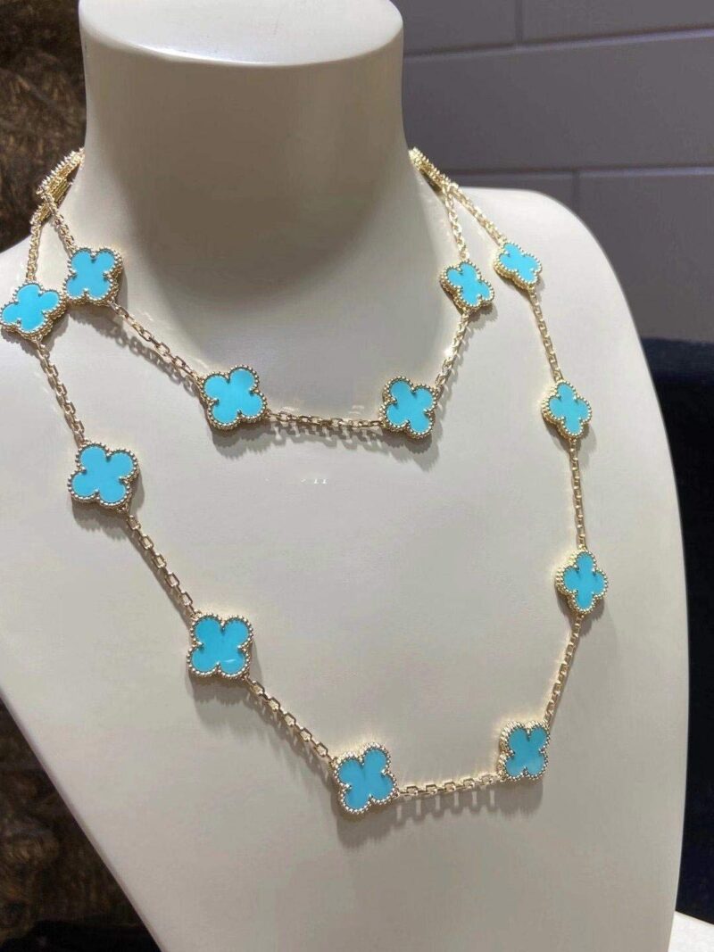 Van Cleef & Arpels necklace Vintage Alhambra long 20 motifs Yellow gold Turquoise necklace 4