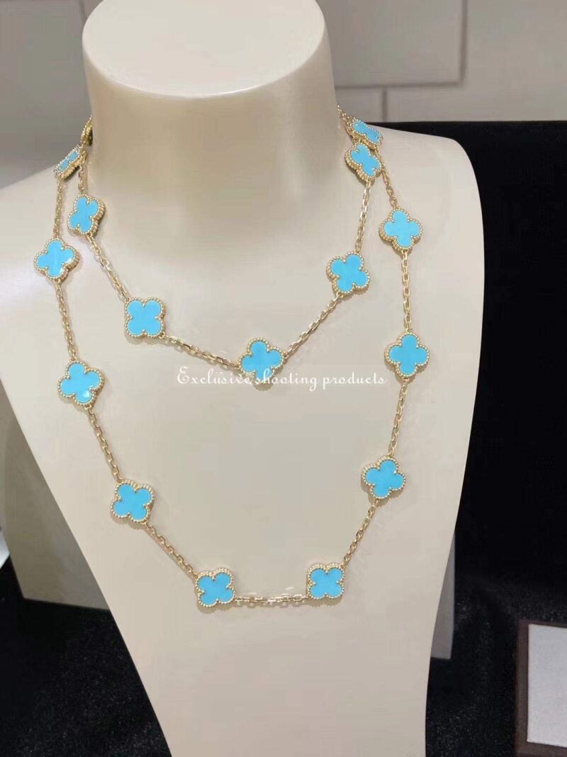 Van Cleef & Arpels necklace Vintage Alhambra long 20 motifs Yellow gold Turquoise necklace 3