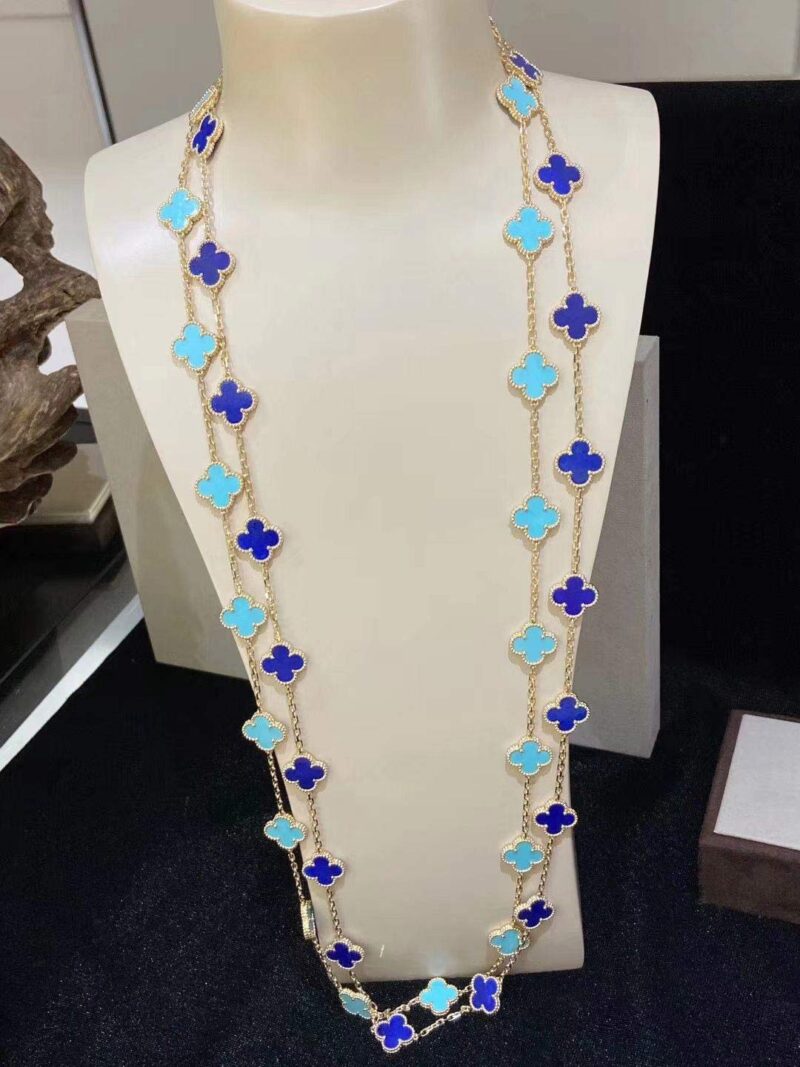 Van Cleef & Arpels necklace Vintage Alhambra long 20 motifs Yellow gold Turquoise necklace 2