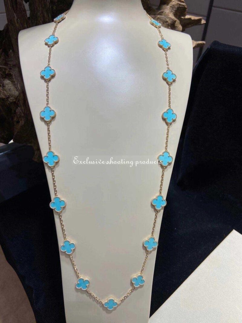 Van Cleef & Arpels necklace Vintage Alhambra long 20 motifs Yellow gold Turquoise necklace 12
