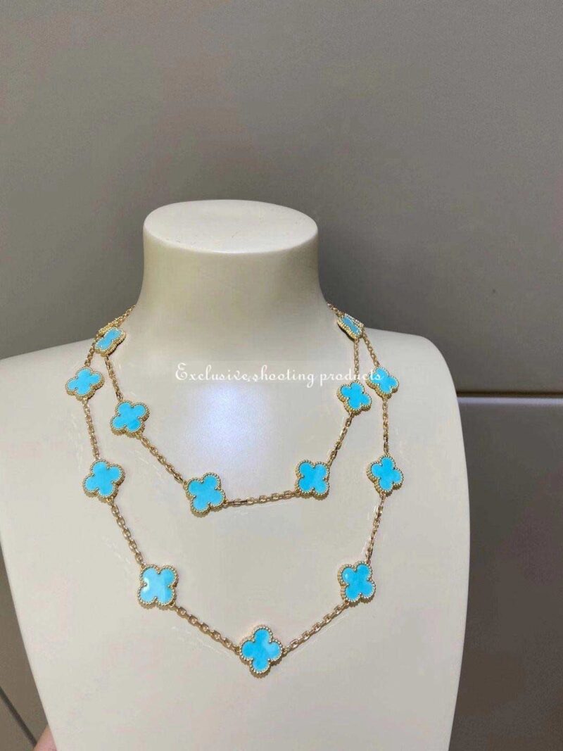Van Cleef & Arpels necklace Vintage Alhambra long 20 motifs Yellow gold Turquoise necklace 11