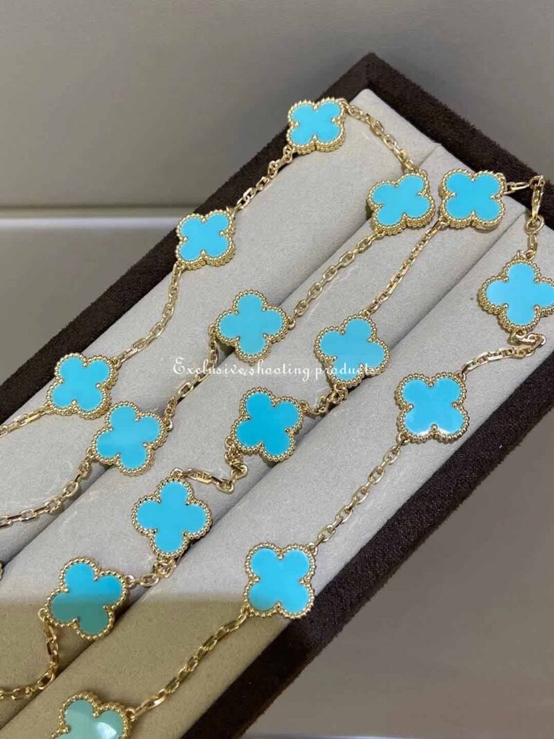 Van Cleef & Arpels necklace Vintage Alhambra long 20 motifs Yellow gold Turquoise necklace 7