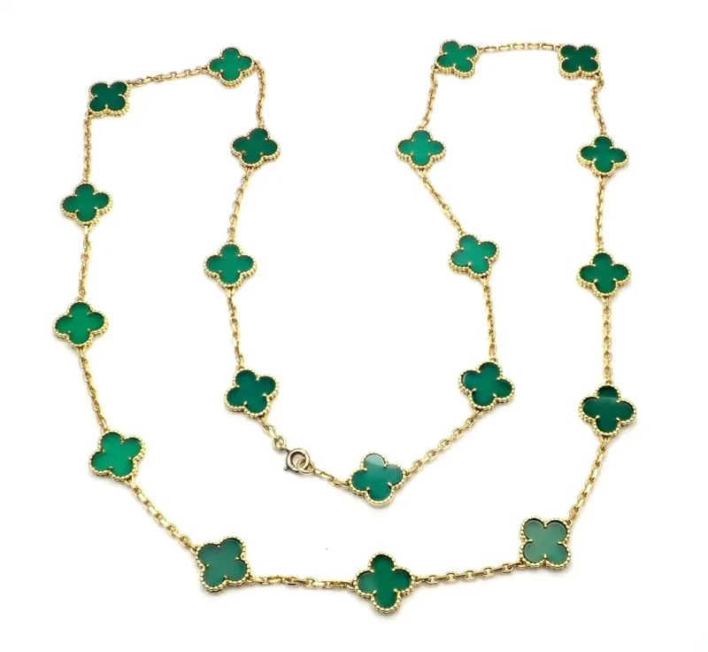 Van Cleef & Arpels necklace Vintage Alhambra long necklace 20 motifs Green Chalcedony necklace 1