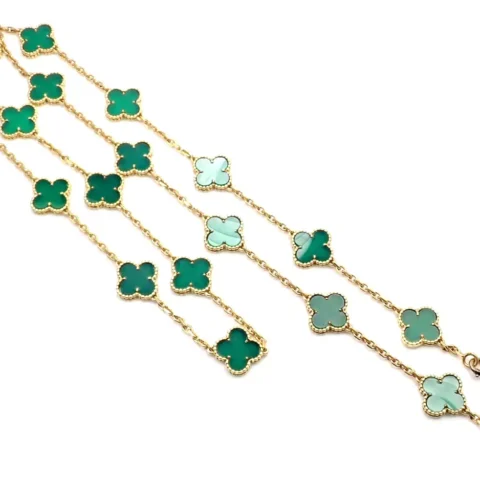 Van Cleef & Arpels necklace Vintage Alhambra long necklace 20 motifs Green Chalcedony necklace 10