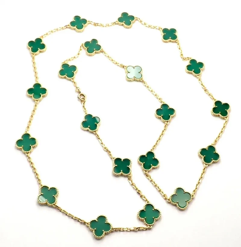 Van Cleef & Arpels necklace Vintage Alhambra long necklace 20 motifs Green Chalcedony necklace 3