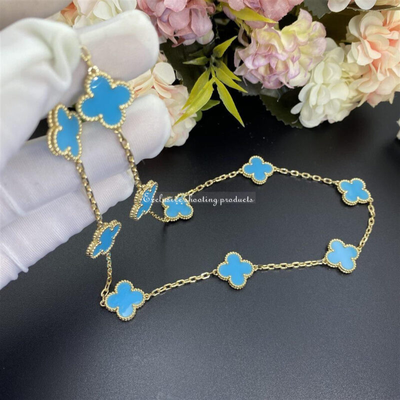 Van Cleef & Arpels VCARF48500 Vintage Alhambra necklace 10 motifs Yellow gold Turquoise Necklace 8