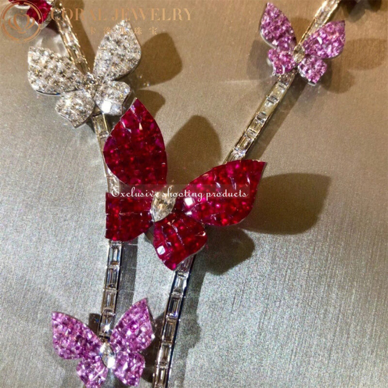 Van Cleef & Arpels Necklace White Gold Butterfly-Embellished Necklace Diamond Ruby and Sapphire Necklace 3