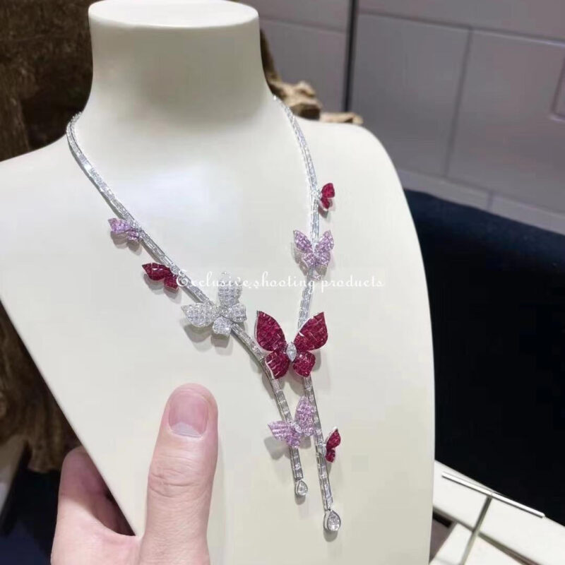 Van Cleef & Arpels Necklace White Gold Butterfly-Embellished Necklace Diamond Ruby and Sapphire Necklace 4